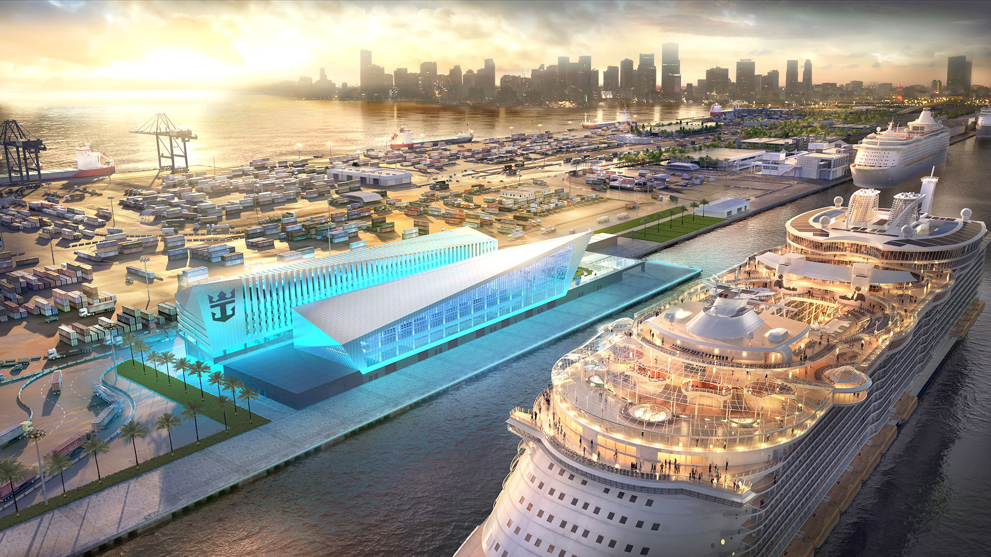 The terminal will have two glass-faced buildings with slanted roofs facing each other.